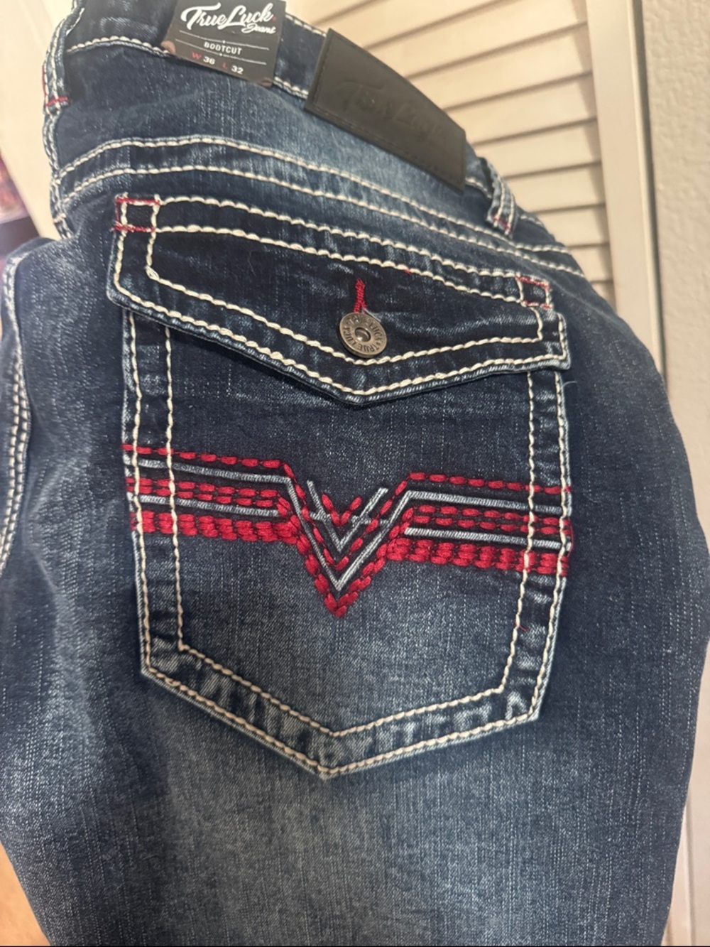 True Luck-Women's Dark Blue Bootcut Jeans with Red Stitching